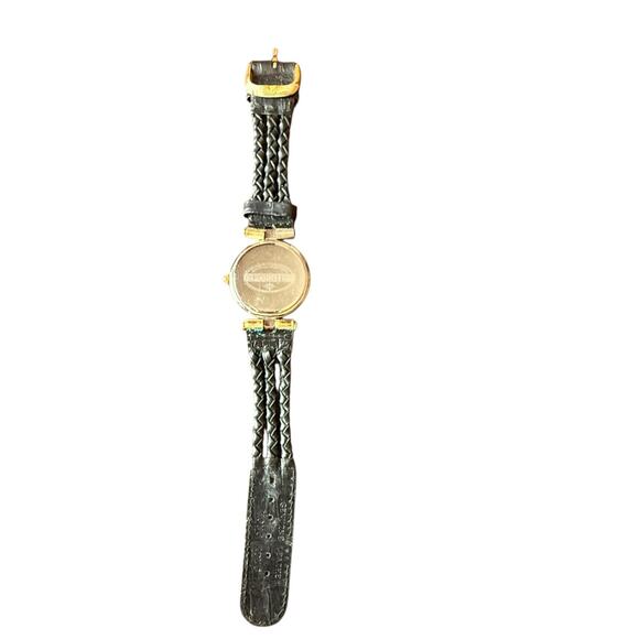 Vintage Fossil Watch 1990 Black Leather Band Gold Tone - Needs Battery - Picture 2 of 6